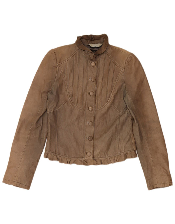 Vintage Womens Crop Leather Jacket UK 10 Small Beige