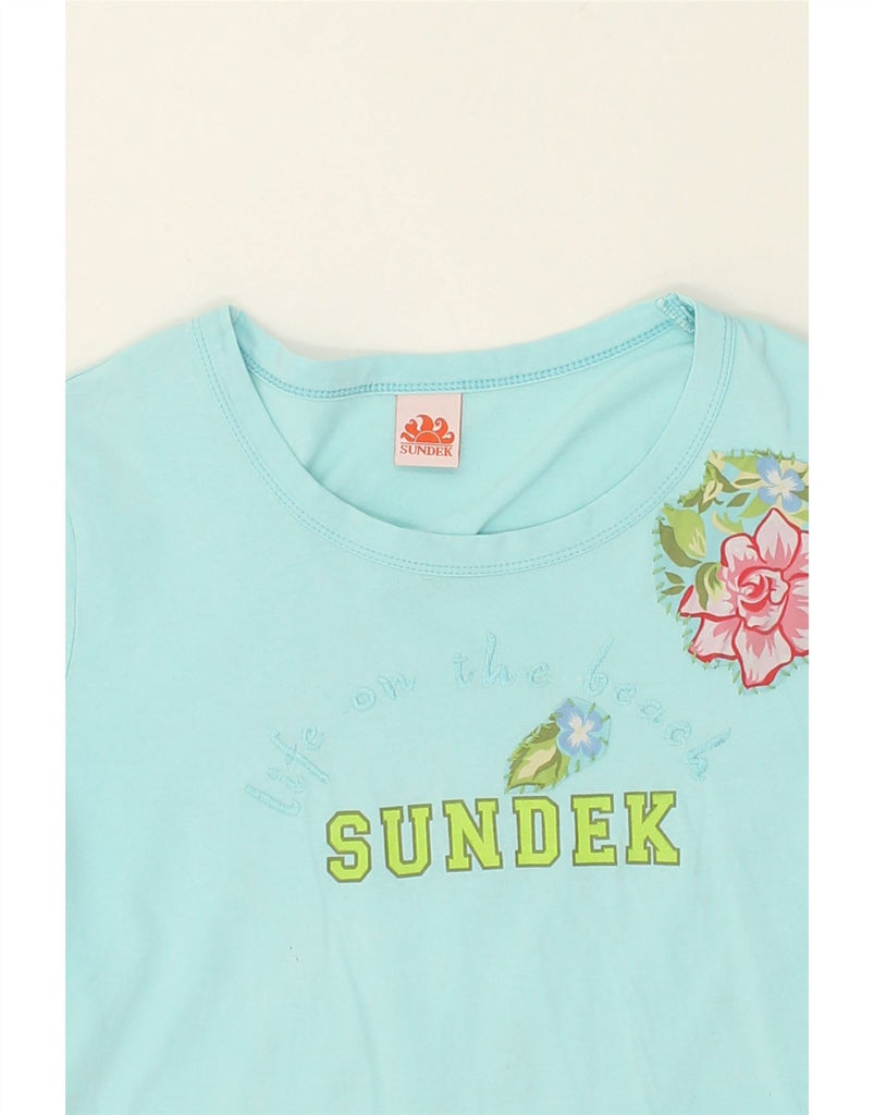 SUNDEK Womens Graphic T-Shirt Top UK 14 Large Turquoise Floral Cotton | Vintage Sundek | Thrift | Second-Hand Sundek | Used Clothing | Messina Hembry 