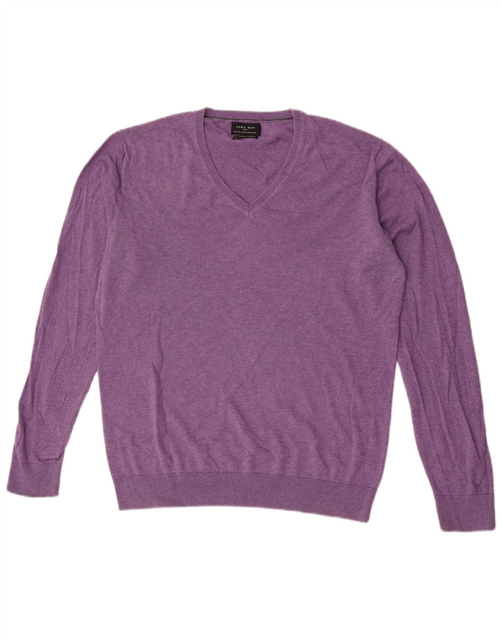Zara Mens V-Neck Jumper Sweater Large Purple Cotton