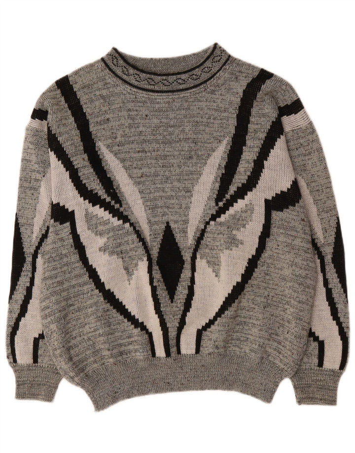 Vintage Mens Crew Neck Jumper Sweater IT 52/54 Large Grey Geometric