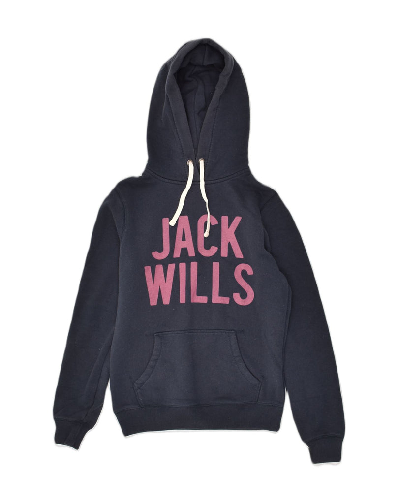 JACK WILLS Womens Graphic Hoodie Jumper UK 8 Small Navy Blue Cotton | Vintage Jack Wills | Thrift | Second-Hand Jack Wills | Used Clothing | Messina Hembry 