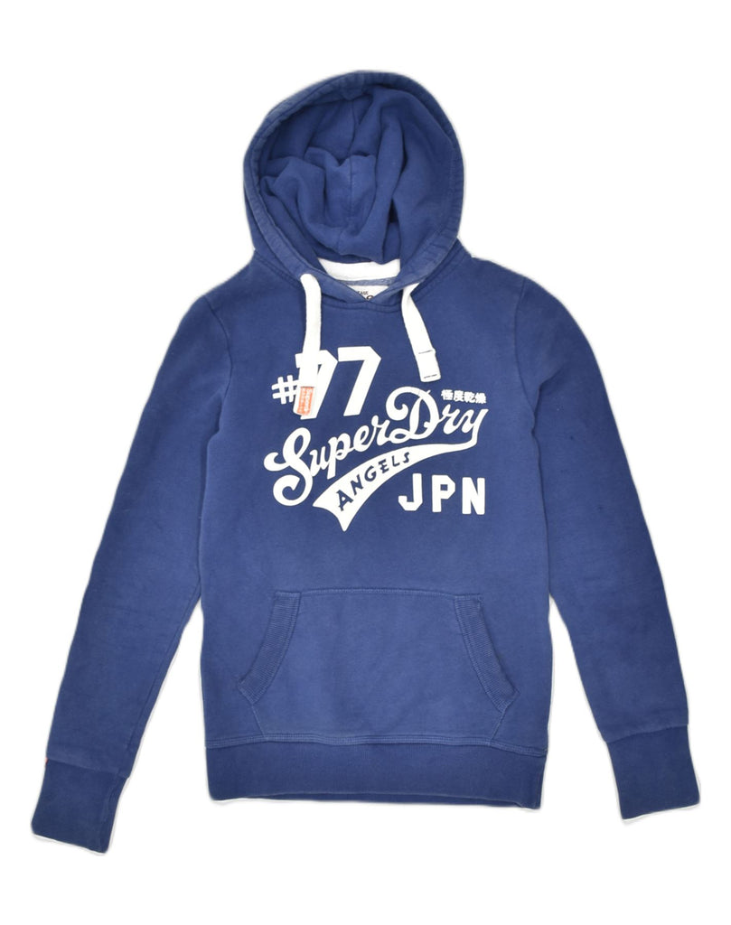 SUPERDRY Womens Graphic Hoodie Jumper UK 6 XS Blue Cotton | Vintage | Thrift | Second-Hand | Used Clothing | Messina Hembry 