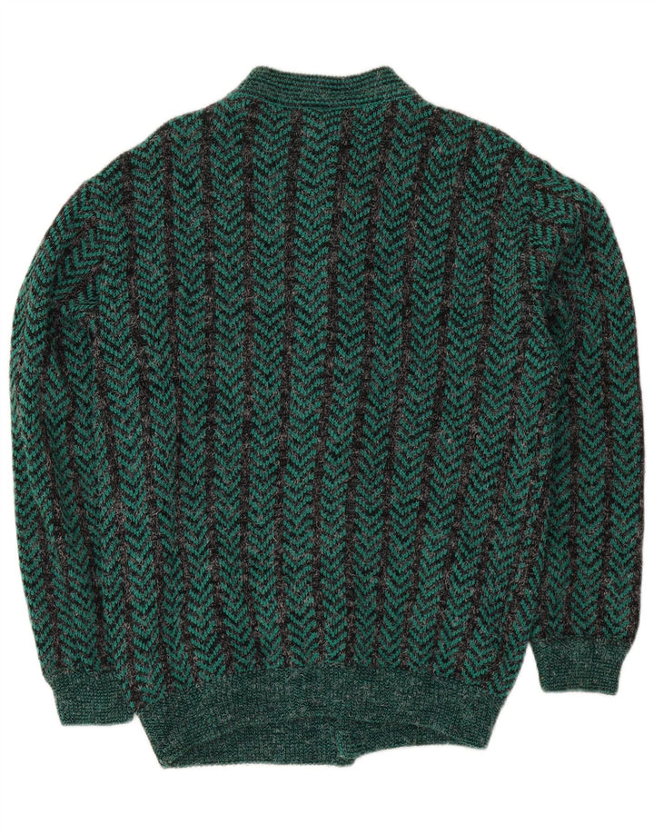 Vintage Mens Regular Fit Cardigan Sweater Medium Green Chevron Acrylic
