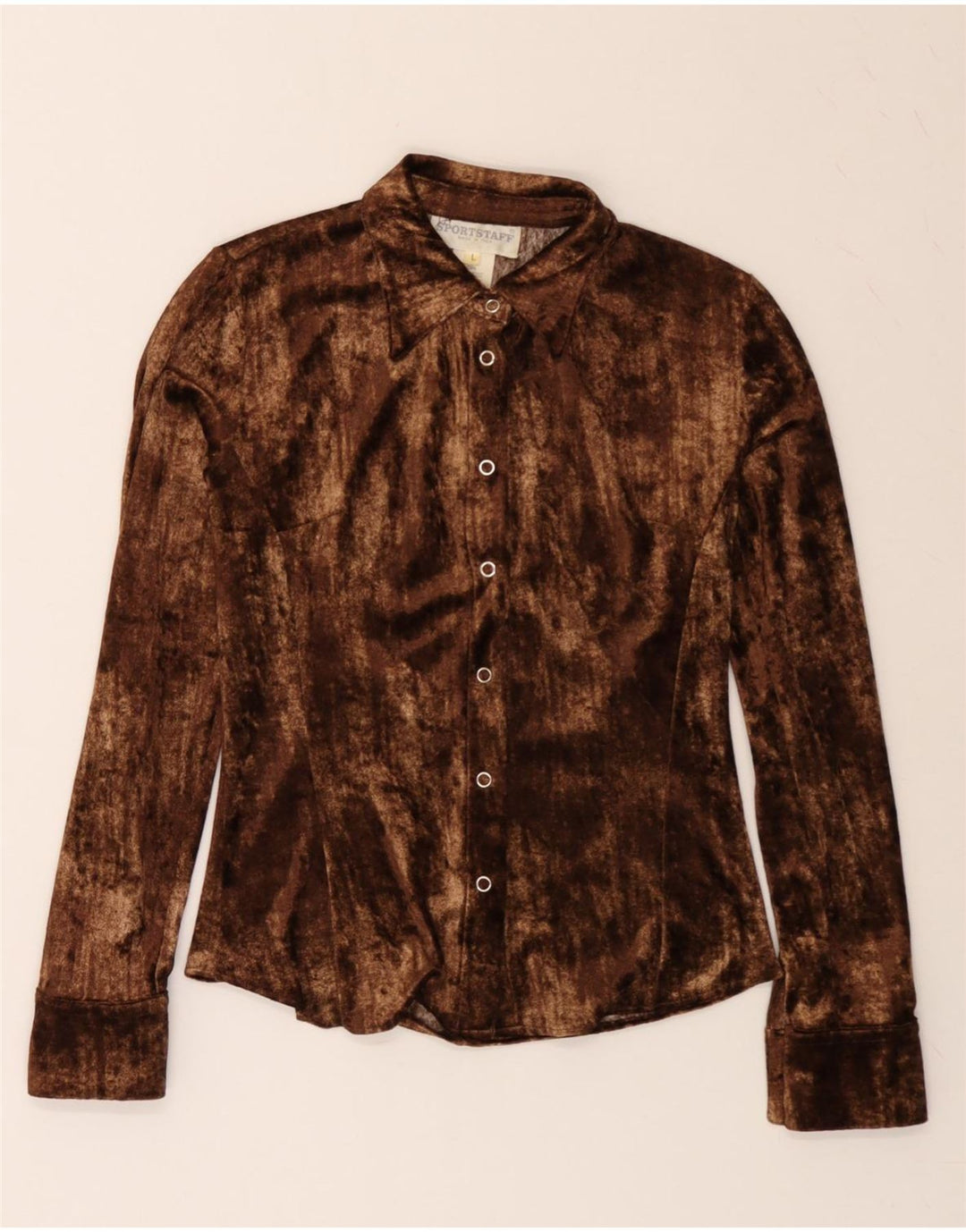 SPORTSTAFF Womens Velour Shirt UK 14 Large Brown Polyester Vintage Sportstaff and Second-Hand Sportstaff from Messina Hembry 
