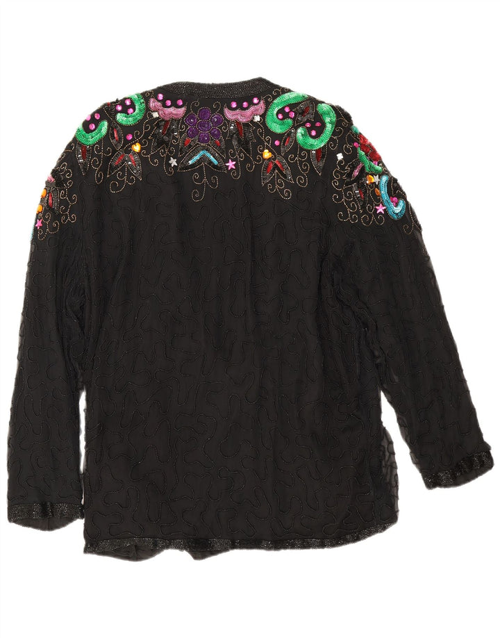 Vintage Womens Evening Blazer Jacket UK 16 Large Black Floral Silk
