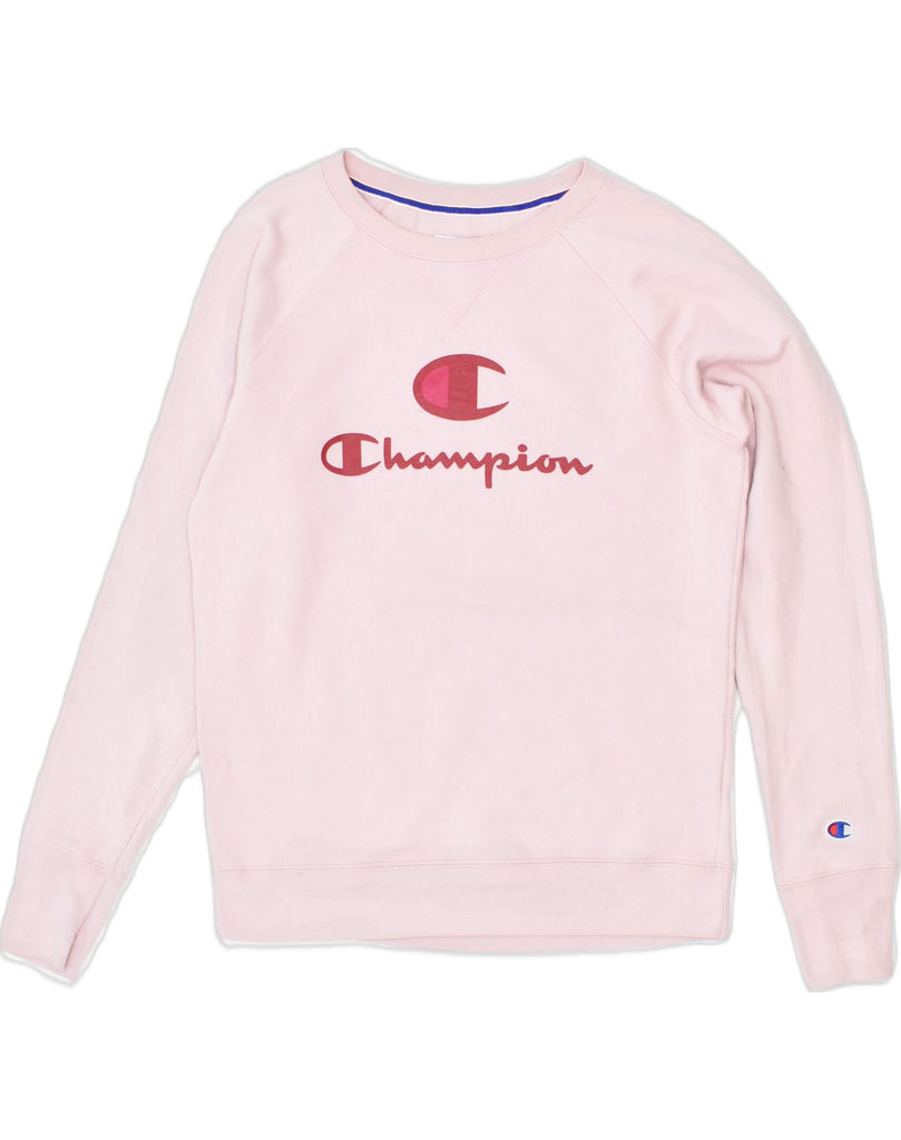 CHAMPION Womens Graphic Crew Neck Jumper Sweater UK 12  Medium Pink | Vintage Champion | Thrift | Second-Hand Champion | Used Clothing | Messina Hembry 