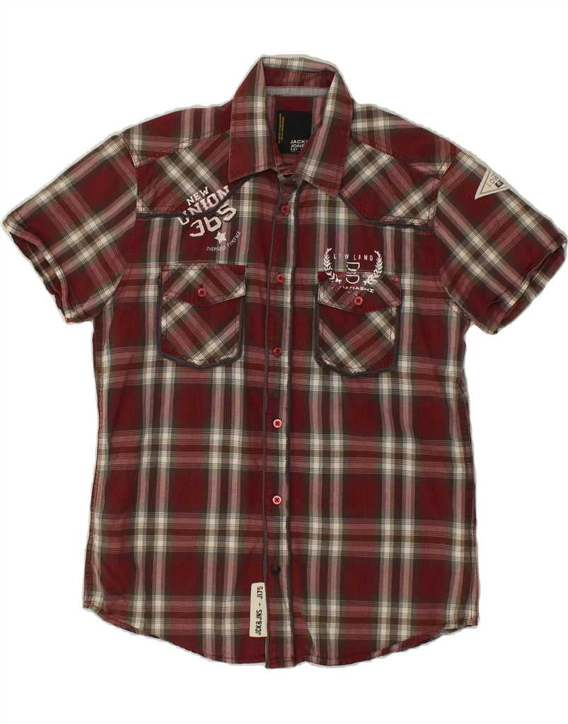 JACK & JONES Mens Graphic Short Sleeve Shirt Medium Maroon Check Cotton | Vintage Jack & Jones | Thrift | Second-Hand Jack & Jones | Used Clothing | Messina Hembry 