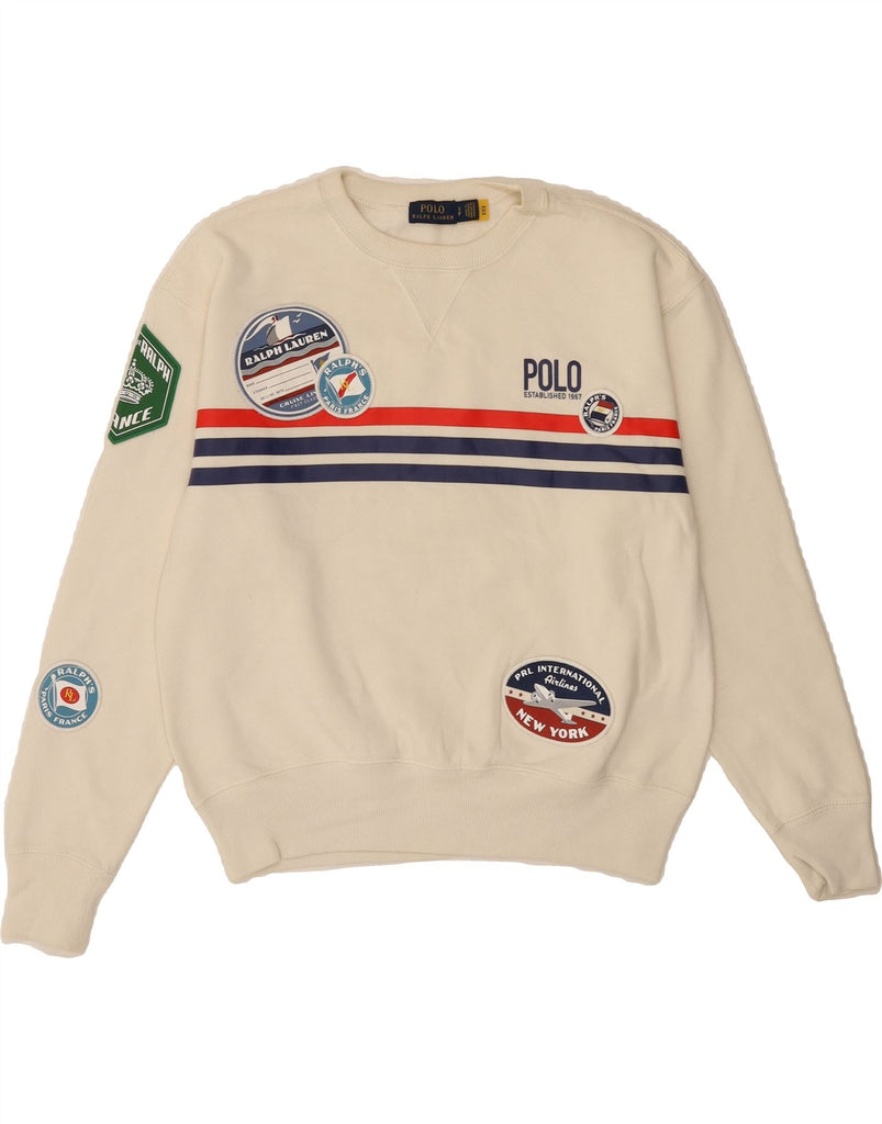 POLO RALPH LAUREN Mens Graphic Sweatshirt Jumper Small Off White Cotton Vintage Polo Ralph Lauren and Second-Hand Polo Ralph Lauren from Messina Hembry 