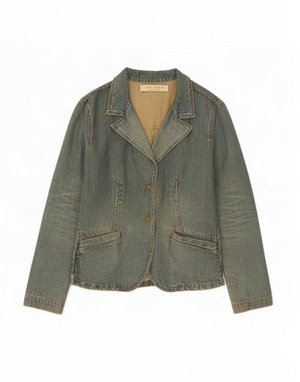 Zara Womens Trafaluc 2 Button Denim Blazer Jacket UK 12 Medium Blue Cotton