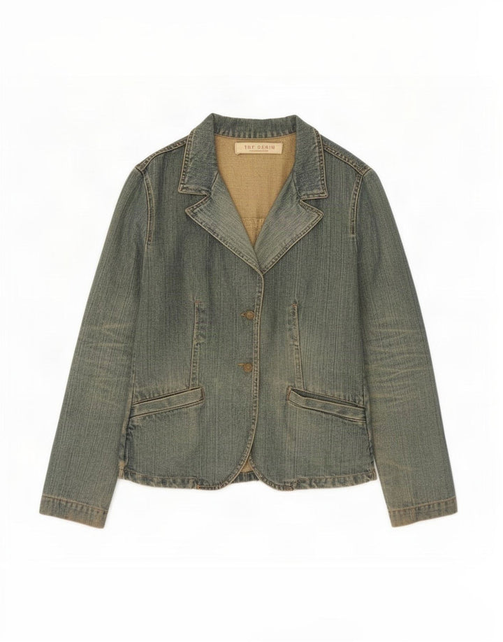 Zara Womens Trafaluc 2 Button Denim Blazer Jacket UK 12 Medium Blue Cotton
