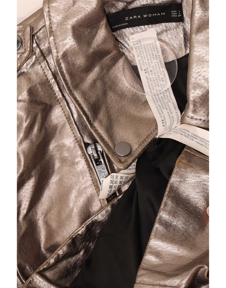Zara Womens Leather Biker Jacket UK 14 Large Gold