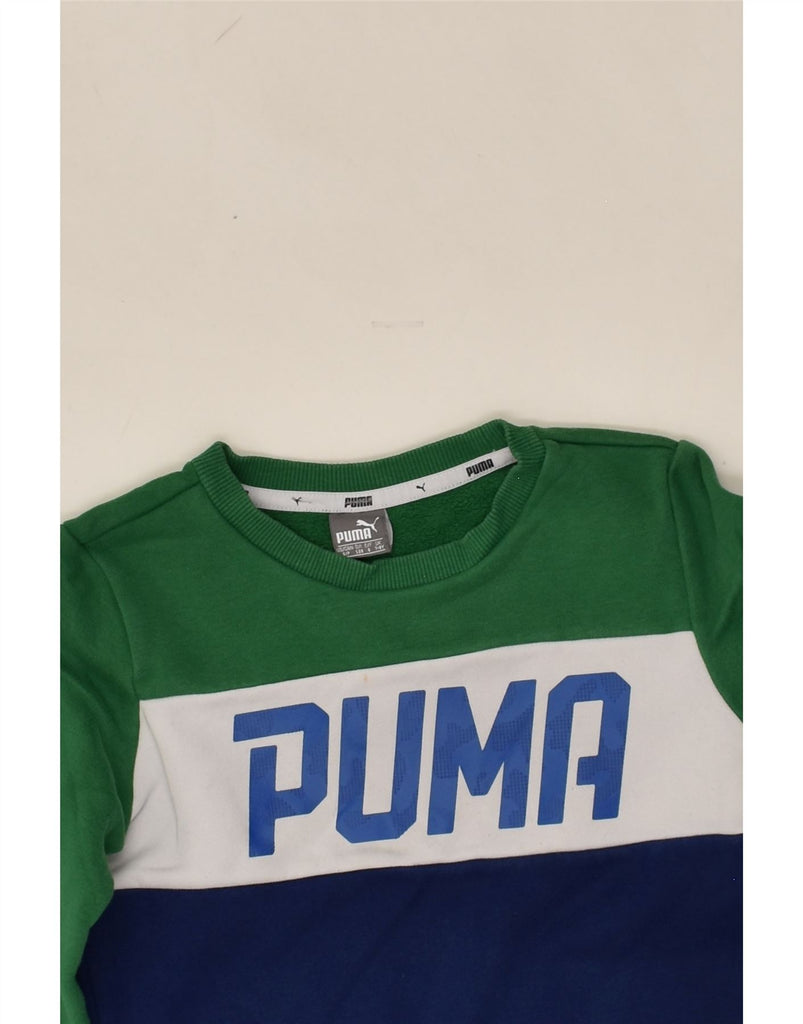 PUMA Boys Graphic Sweatshirt Jumper 7-8 Years Green Colourblock Polyester | Vintage Puma | Thrift | Second-Hand Puma | Used Clothing | Messina Hembry 