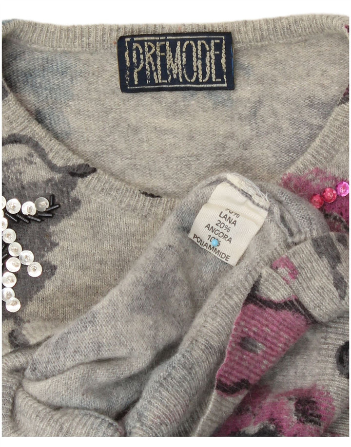 Premode Womens Crew Neck Jumper Sweater UK 14 Large Grey Floral Wool