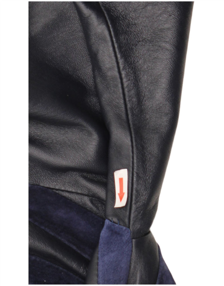 Vintage Womens Leather Coat UK 14 Medium Navy Blue Striped