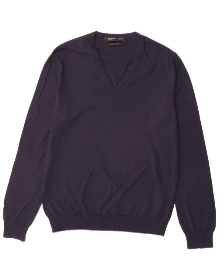 Zara Mens V-Neck Jumper Sweater Large Navy Blue Cotton