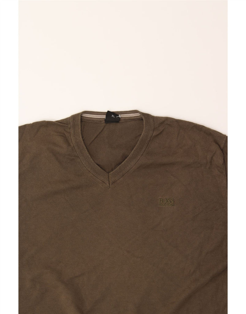 HUGO BOSS Mens V-Neck Jumper Sweater XL Brown Cotton Vintage Hugo Boss and Second-Hand Hugo Boss from Messina Hembry 
