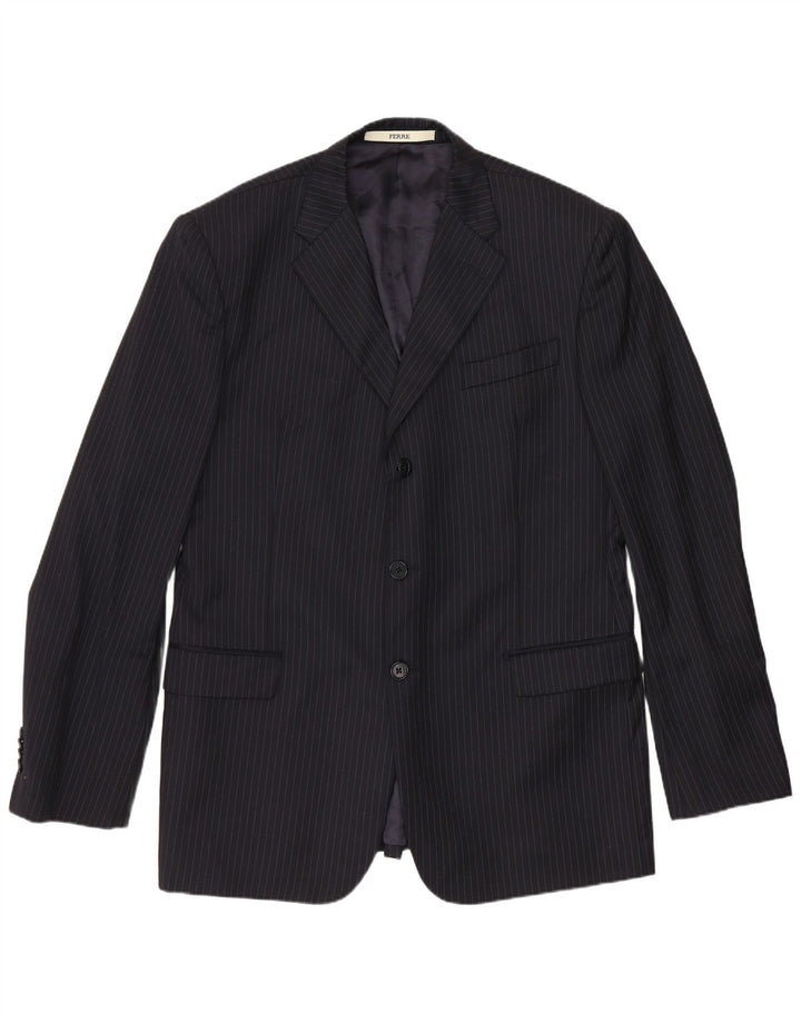 Ferre Mens 3 Button Blazer Jacket IT 54 2XL Navy Blue Pinstripe Virgin Wool