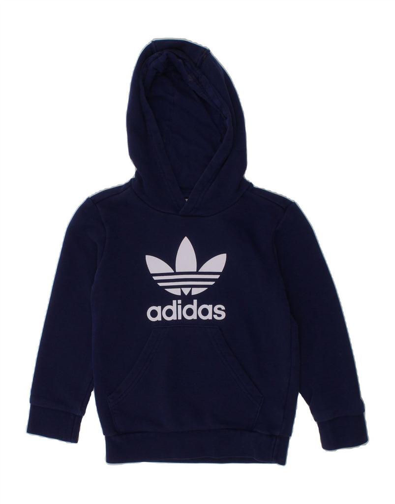 ADIDAS Boys Graphic Hoodie Jumper 4-5 Years Navy Blue Cotton Vintage Adidas and Second-Hand Adidas from Messina Hembry 