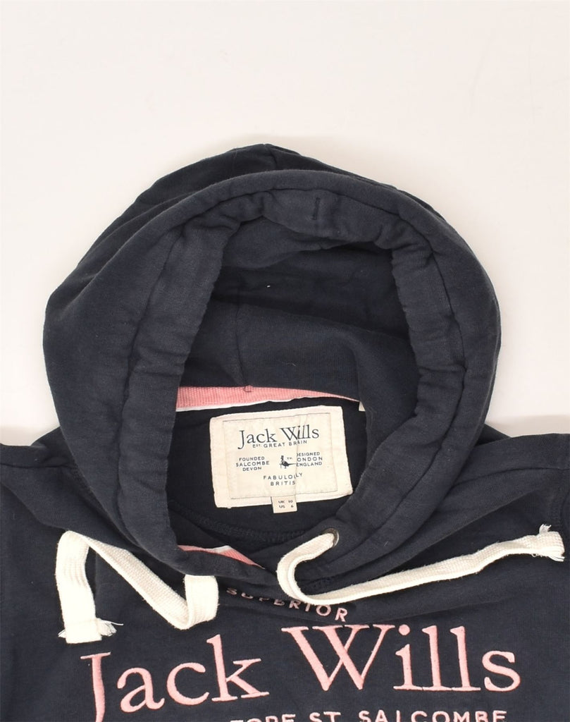 JACK WILLS Womens Graphic Hoodie Jumper UK 10 Small Navy Blue Cotton | Vintage Jack Wills | Thrift | Second-Hand Jack Wills | Used Clothing | Messina Hembry 