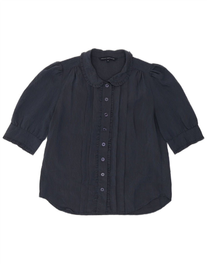 French Connection Womens Ruffle Front Shirt Blouse UK 12 Medium Navy Blue
