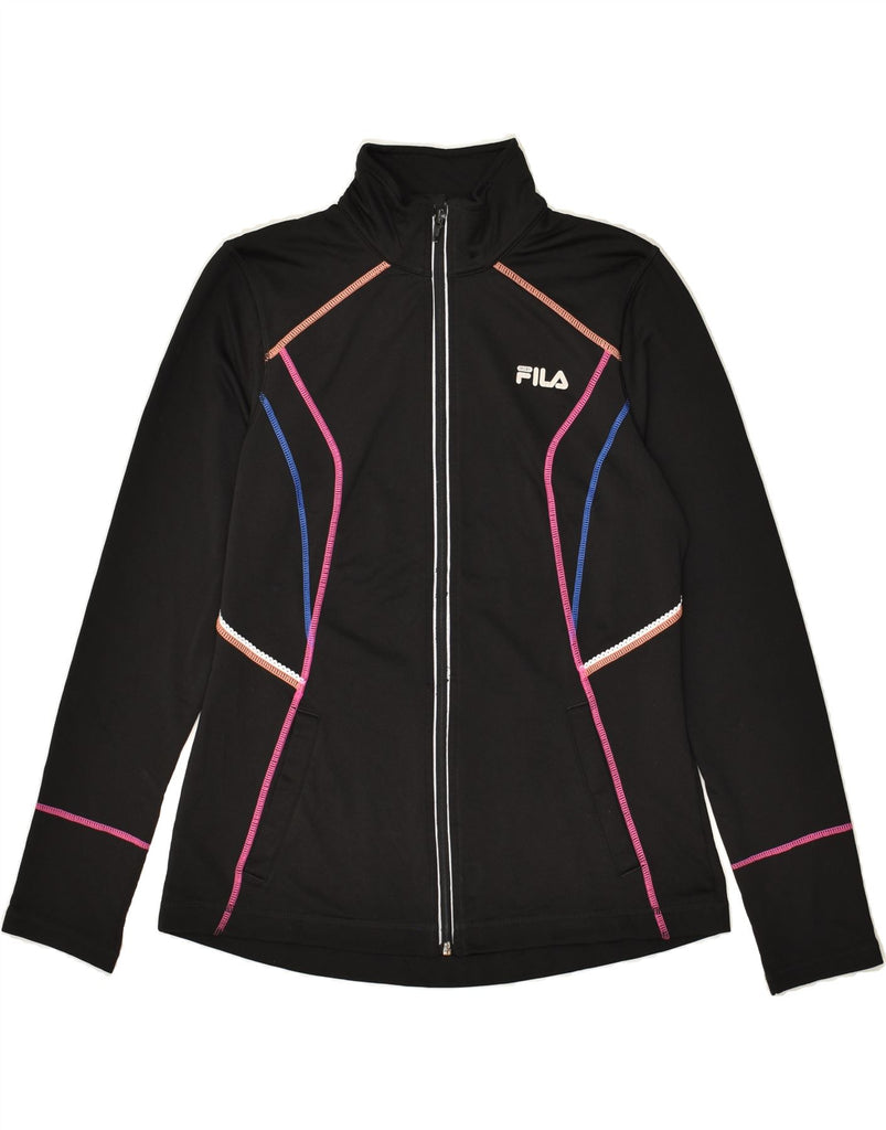 FILA Womens Graphic Tracksuit Top Jacket UK 12 Medium Black Polyester | Vintage Fila | Thrift | Second-Hand Fila | Used Clothing | Messina Hembry 