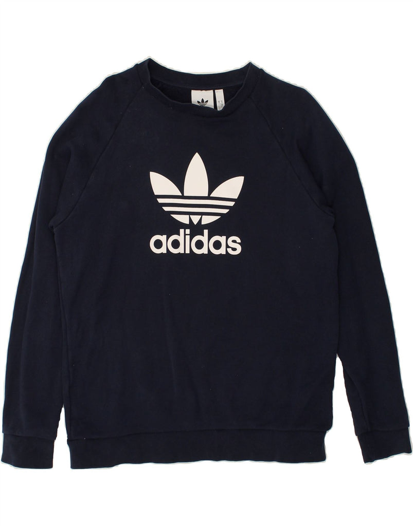 ADIDAS Womens Graphic Sweatshirt Jumper UK14 Medium Navy Blue Cotton | Vintage Adidas | Thrift | Second-Hand Adidas | Used Clothing | Messina Hembry 