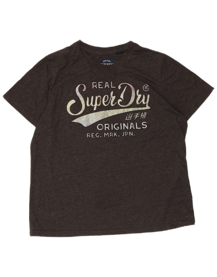 SUPERDRY Womens Graphic T-Shirt Top UK 16 Large Grey Flecked Cotton