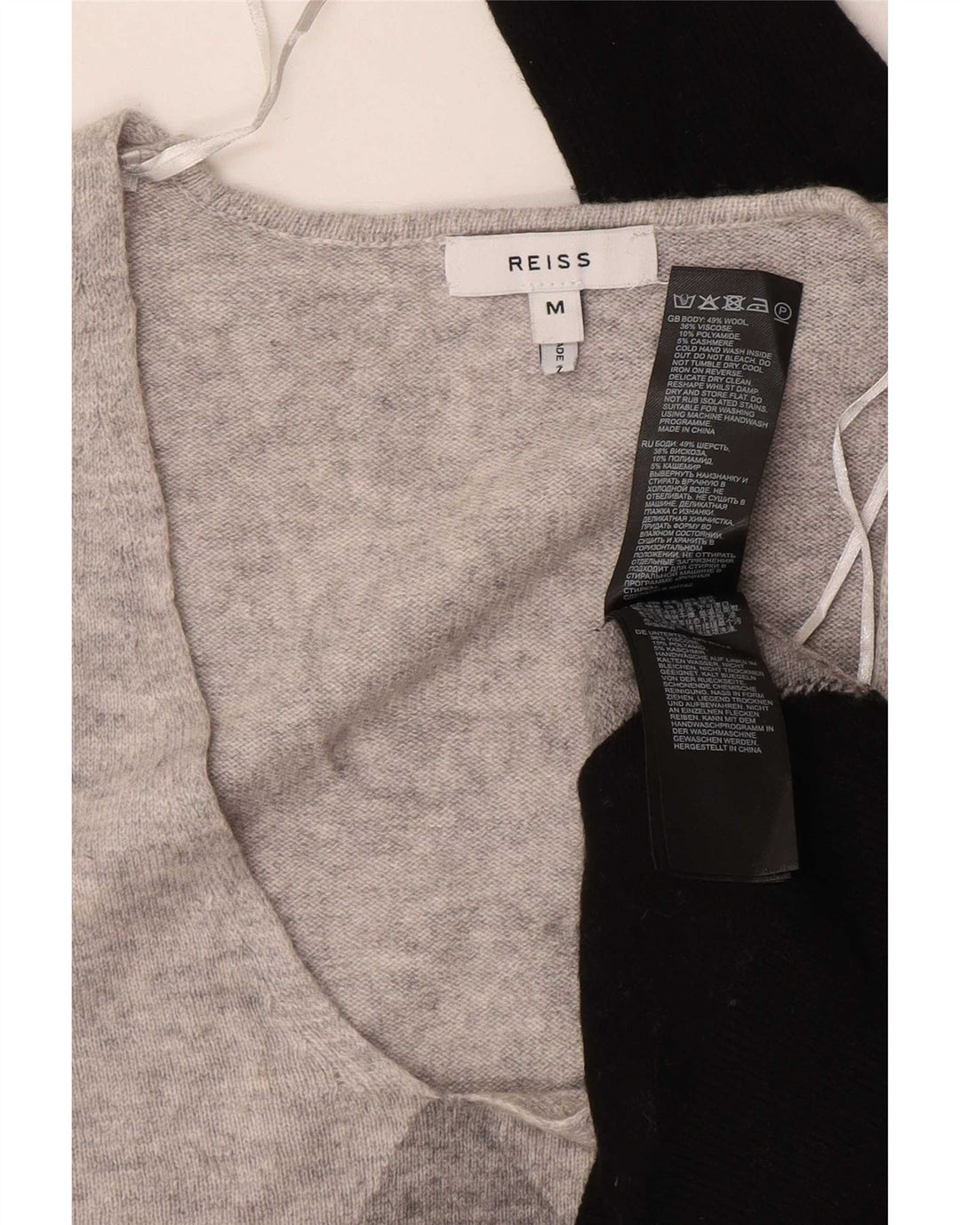 Reiss Womens V-Neck Jumper Sweater UK 14 Medium Grey Colourblock Wool