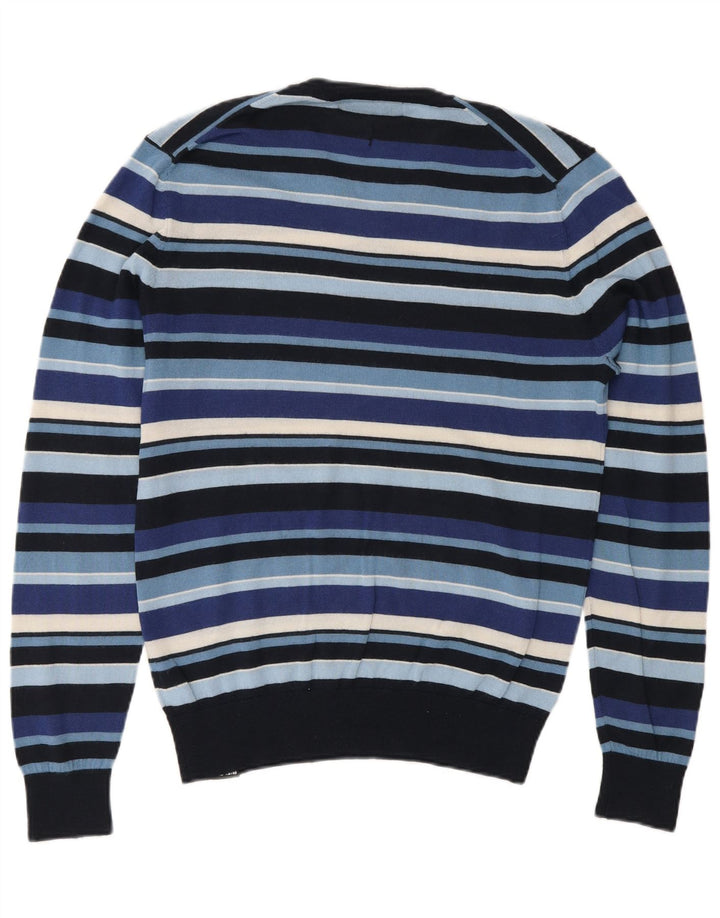 Rifle Mens V-Neck Jumper Sweater Medium Navy Blue Striped Wool