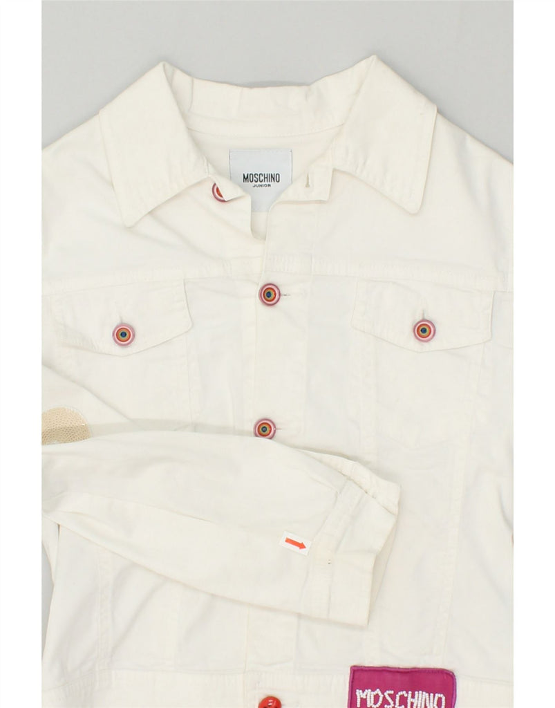 MOSCHINO Girls Graphic Denim Jacket 9-10 Years White Cotton | Vintage Moschino | Thrift | Second-Hand Moschino | Used Clothing | Messina Hembry 