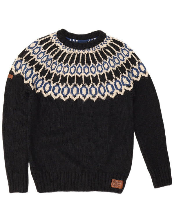 Superdry Mens Crew Neck Jumper Sweater Large Black Fair Isle Acrylic