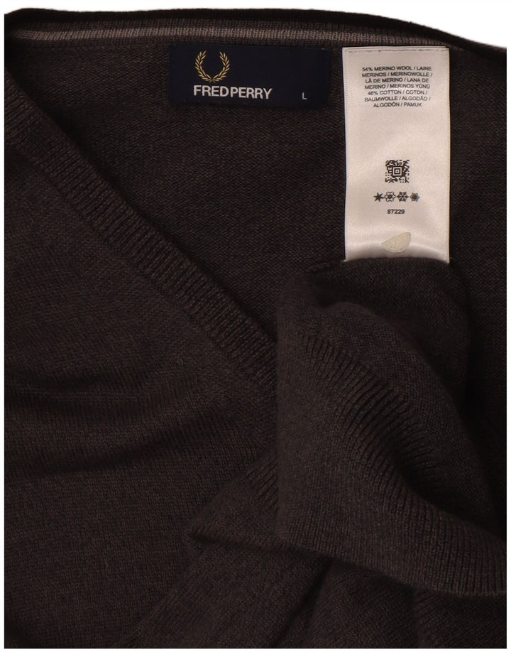 Fred Perry Mens V-Neck Jumper Sweater Large Grey Merino Wool