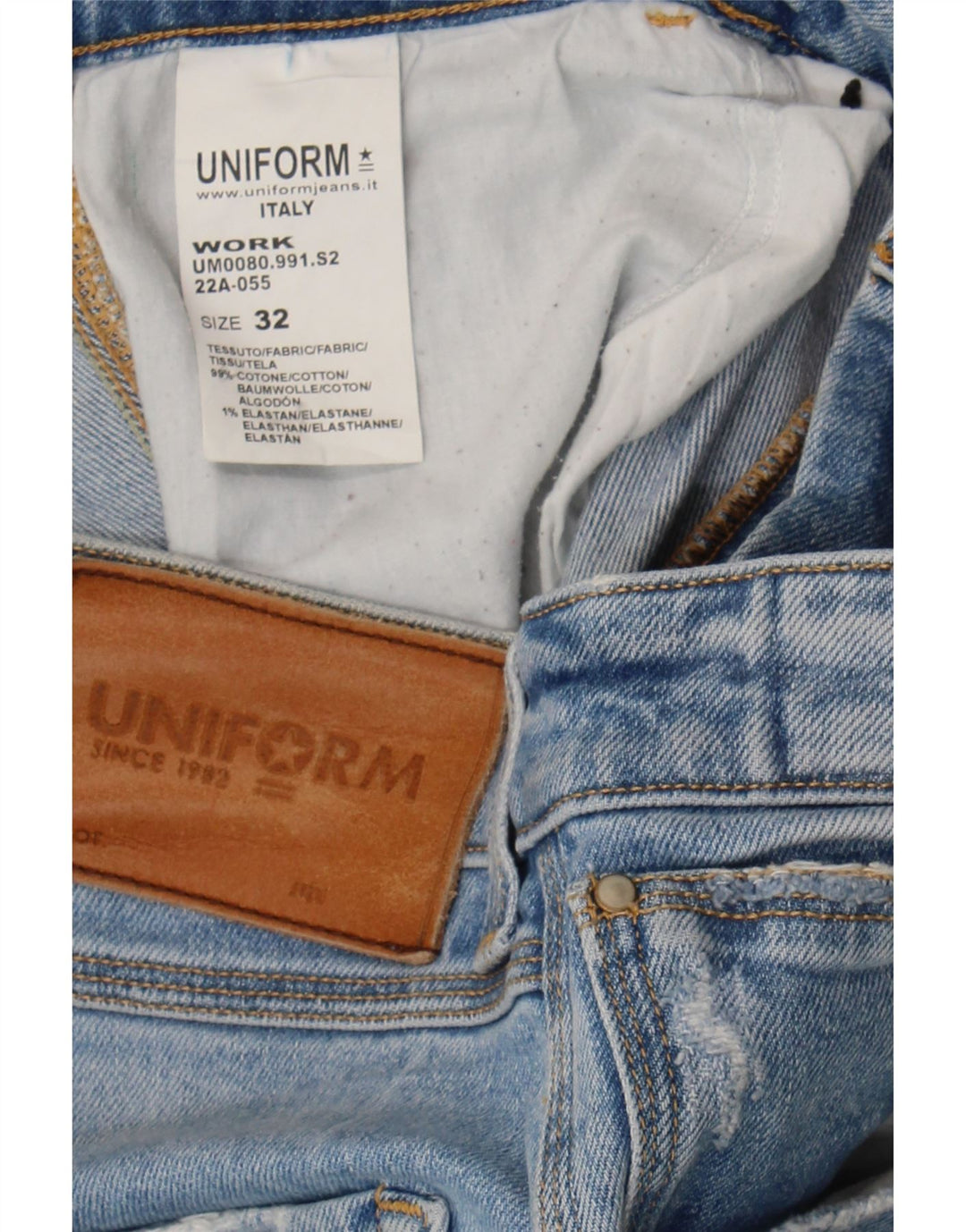 UNIFORM Mens Workwear Distressed Tapered Jeans W32 L30 Blue Cotton Vintage Uniform and Second-Hand Uniform from Messina Hembry 