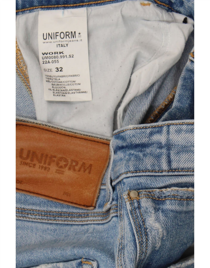 UNIFORM Mens Workwear Distressed Tapered Jeans W32 L30 Blue Cotton Vintage Uniform and Second-Hand Uniform from Messina Hembry 