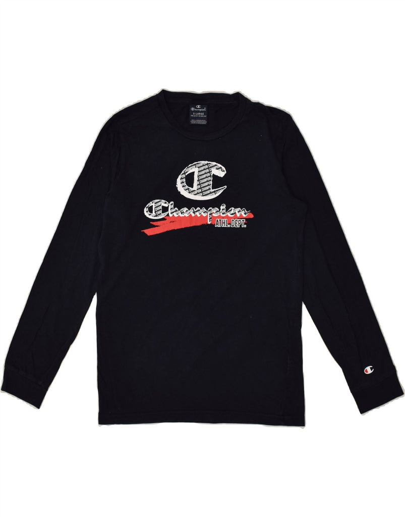 CHAMPION Boys Graphic Top Long Sleeve 13-14 Years XL Navy Blue Cotton | Vintage Champion | Thrift | Second-Hand Champion | Used Clothing | Messina Hembry 