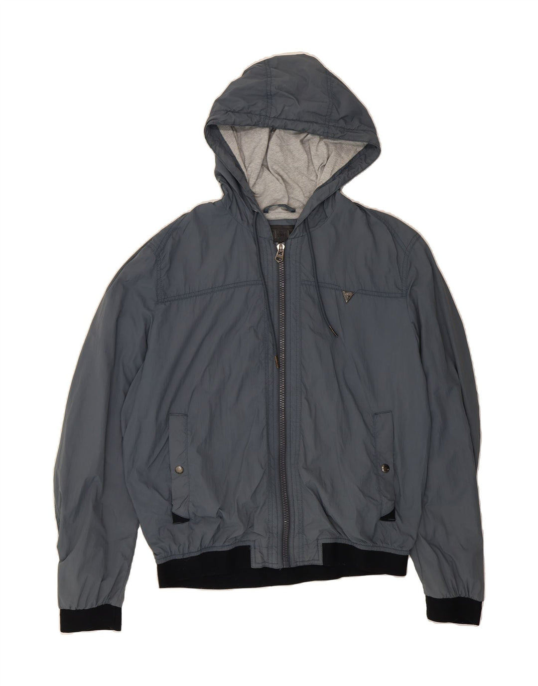 GUESS Mens Graphic Hooded Bomber Jacket UK 40 Large Grey Polyester Vintage Guess and Second-Hand Guess from Messina Hembry 
