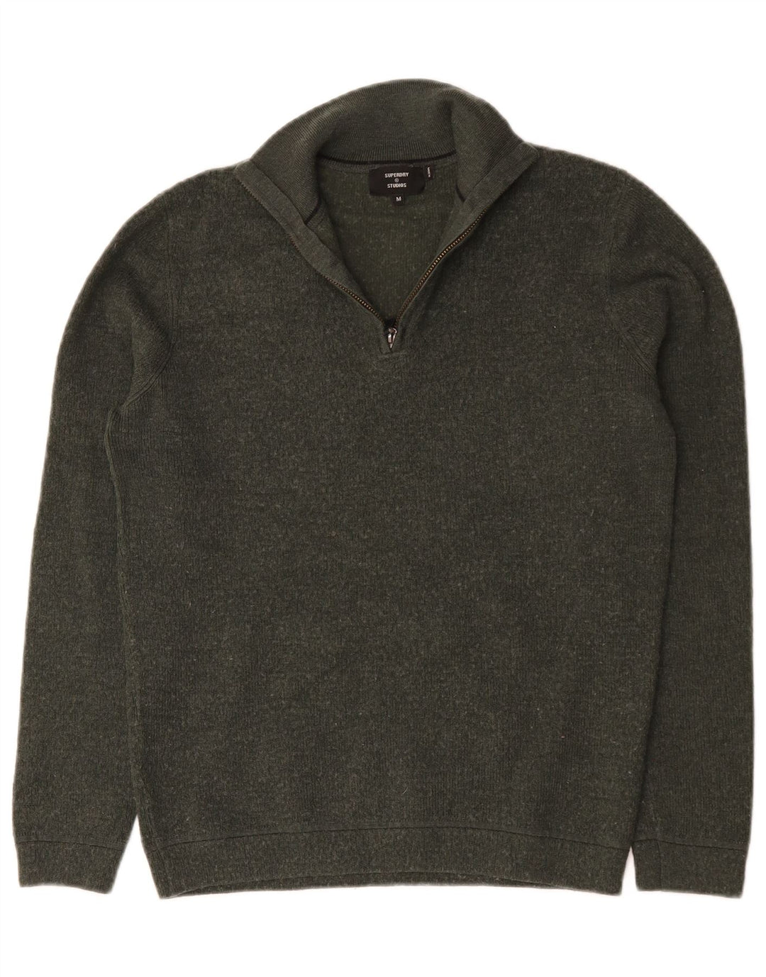 Superdry Mens Zip Neck Jumper Sweater Medium Khaki Merino Wool
