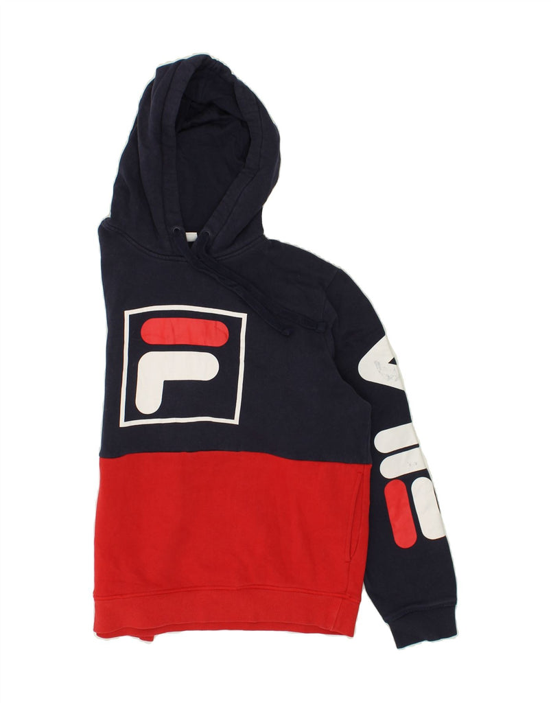 FILA Mens Graphic Hoodie Jumper Small Navy Blue Colourblock Cotton | Vintage Fila | Thrift | Second-Hand Fila | Used Clothing | Messina Hembry 