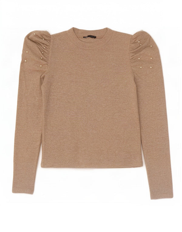 Zara Womens Long Sleeve Blouse Top UK 12 Medium Beige