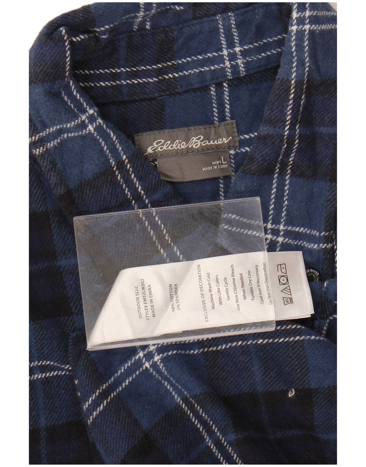 Eddie Bauer Mens Flannel Shirt Large Navy Blue Check Cotton