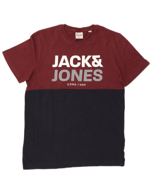Jack & Jones Mens Graphic T-Shirt Top Small Burgundy Colourblock Cotton