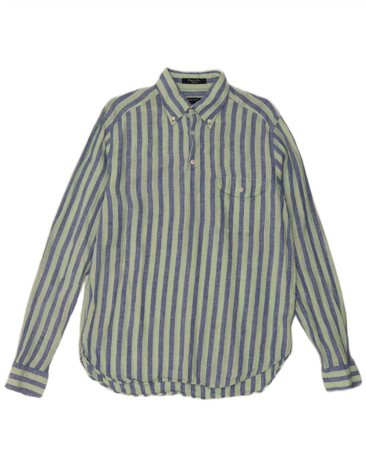 Gant Mens Pullover Shirt Medium Green Pinstripe Linen