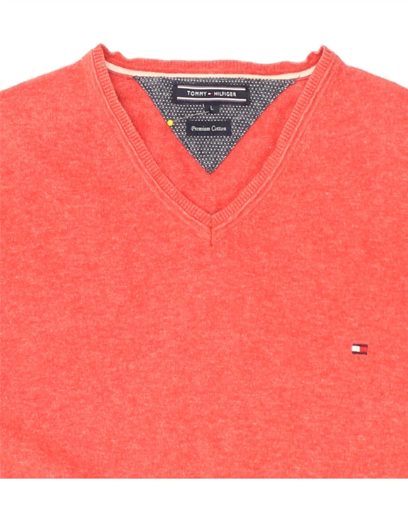 TOMMY HILFIGER Mens V-Neck Jumper Sweater Large Red Cotton | Vintage Tommy Hilfiger | Thrift | Second-Hand Tommy Hilfiger | Used Clothing | Messina Hembry 