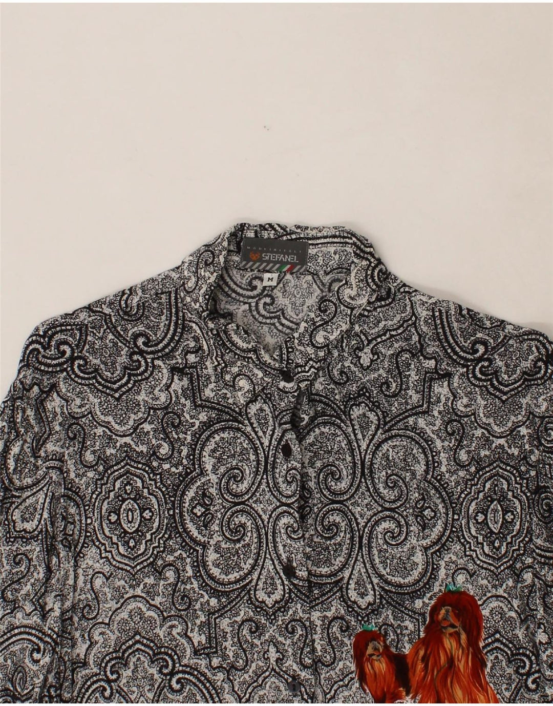 STEFANEL Womens Graphic Shirt Blouse UK 12 Medium Grey Paisley Viscose Vintage Stefanel and Second-Hand Stefanel from Messina Hembry 