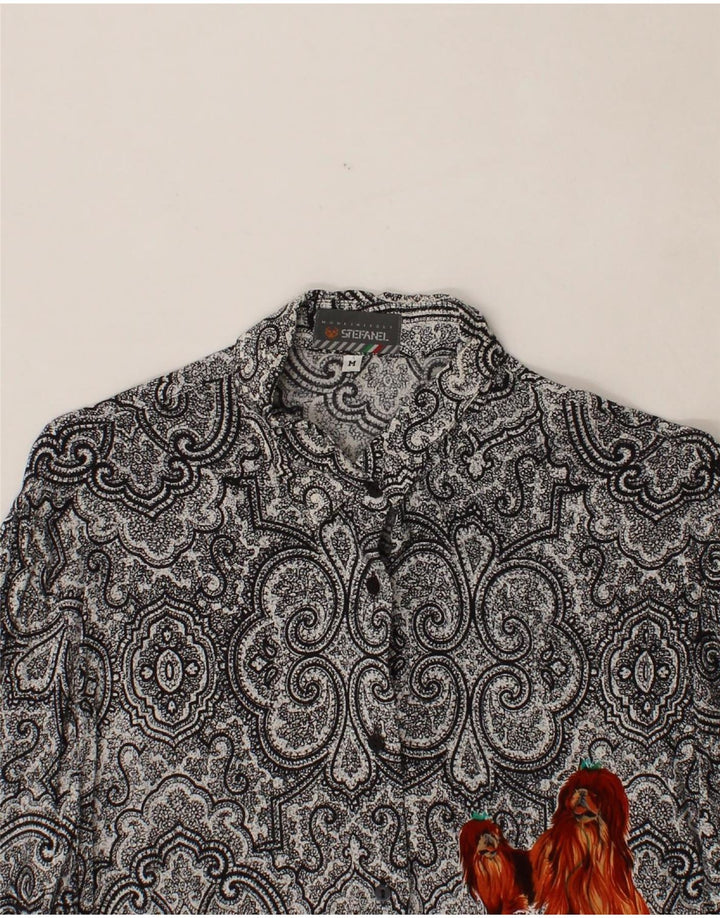STEFANEL Womens Graphic Shirt Blouse UK 12 Medium Grey Paisley Viscose Vintage Stefanel and Second-Hand Stefanel from Messina Hembry 