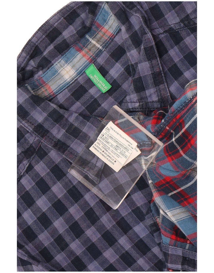 Benetton Boys Shirt 11-12 Years 2XL Navy Blue Gingham Cotton
