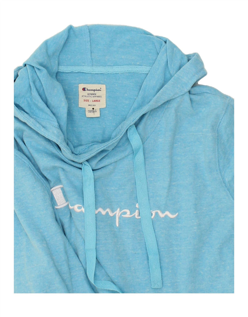 CHAMPION Womens Graphic Hoodie Jumper UK 16 Large Blue Flecked Cotton Vintage Champion and Second-Hand Champion from Messina Hembry 