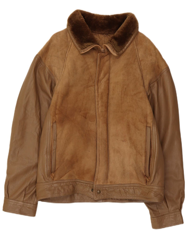 Vintage Mens Shearling Jacket IT 52 XL Brown Leather