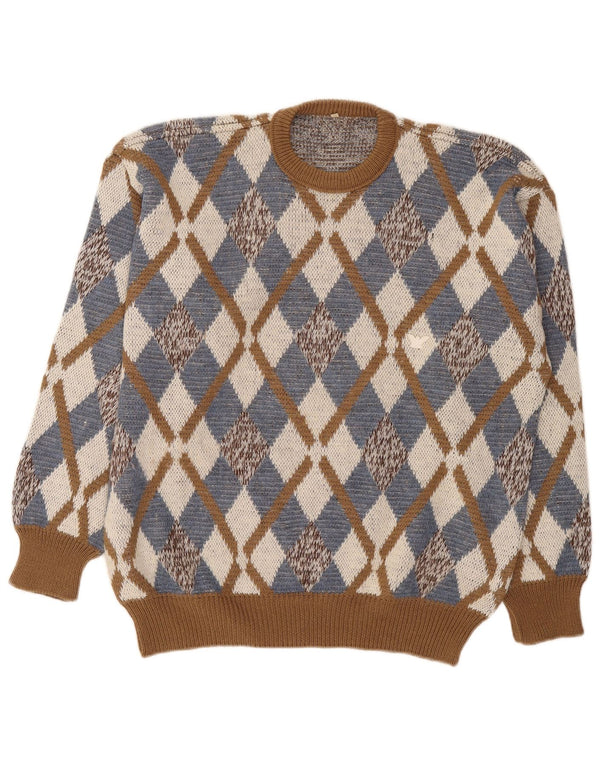 Vintage Mens Crew Neck Jumper Sweater IT 52 Large Brown Argyle/Diamond