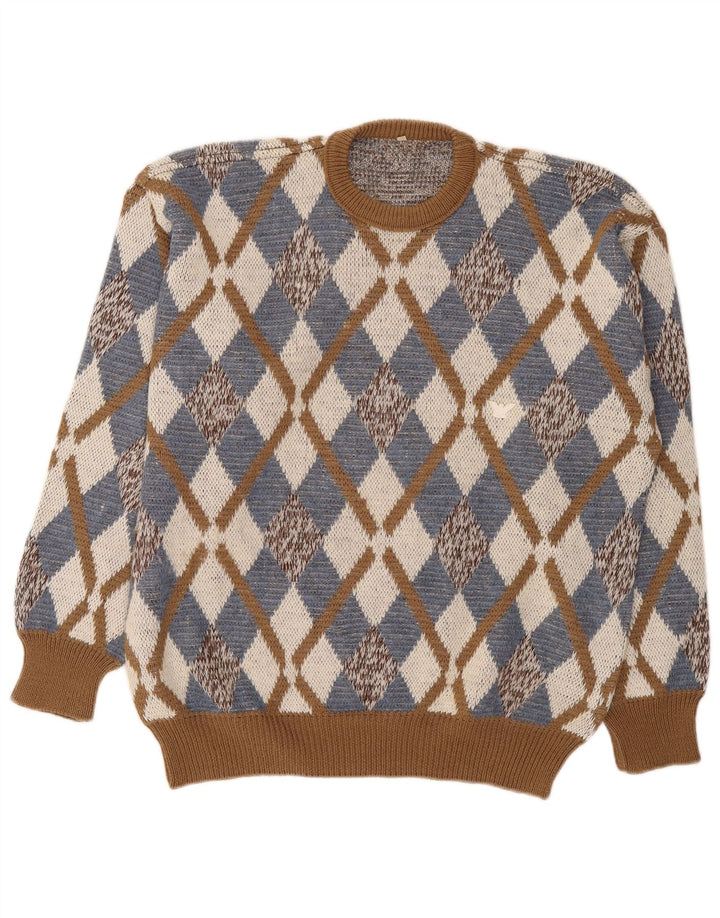 Vintage Mens Crew Neck Jumper Sweater IT 52 Large Brown Argyle/Diamond